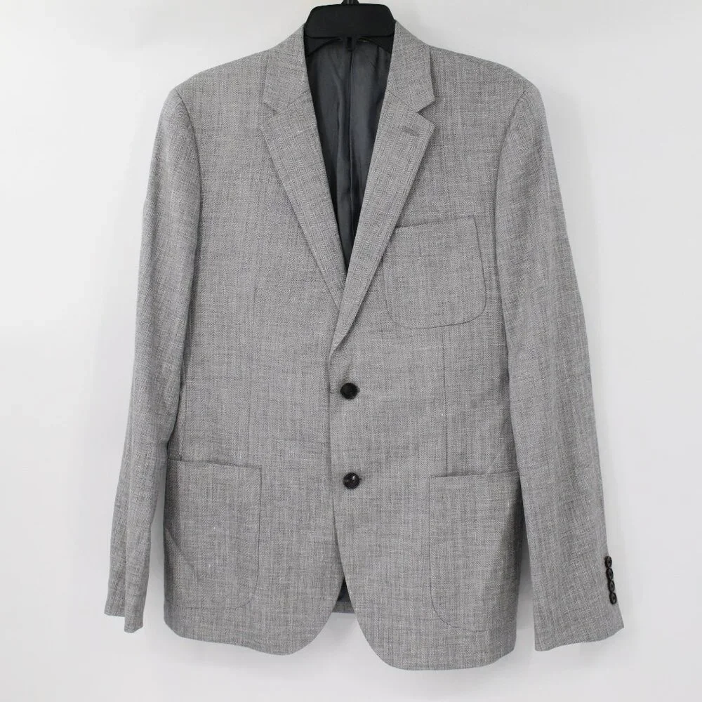 Reiss sport coat men's 40 Linen wool silk herringbone‎ gray patch pockets notch